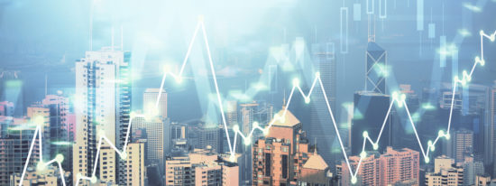 Forex graph on city view with skyscrapers background multi exposure. Financial analysis concept.