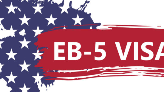 banner in the form of an abstract American flag with text of EB-5 Visa